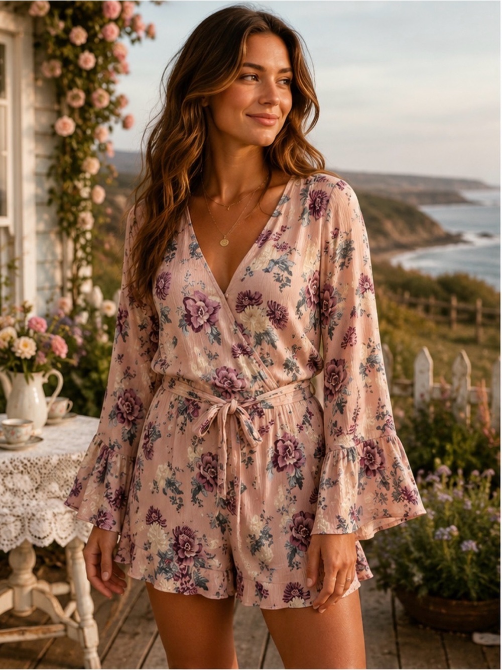 American Eagle Outfitters Pink Floral Wrap Romper